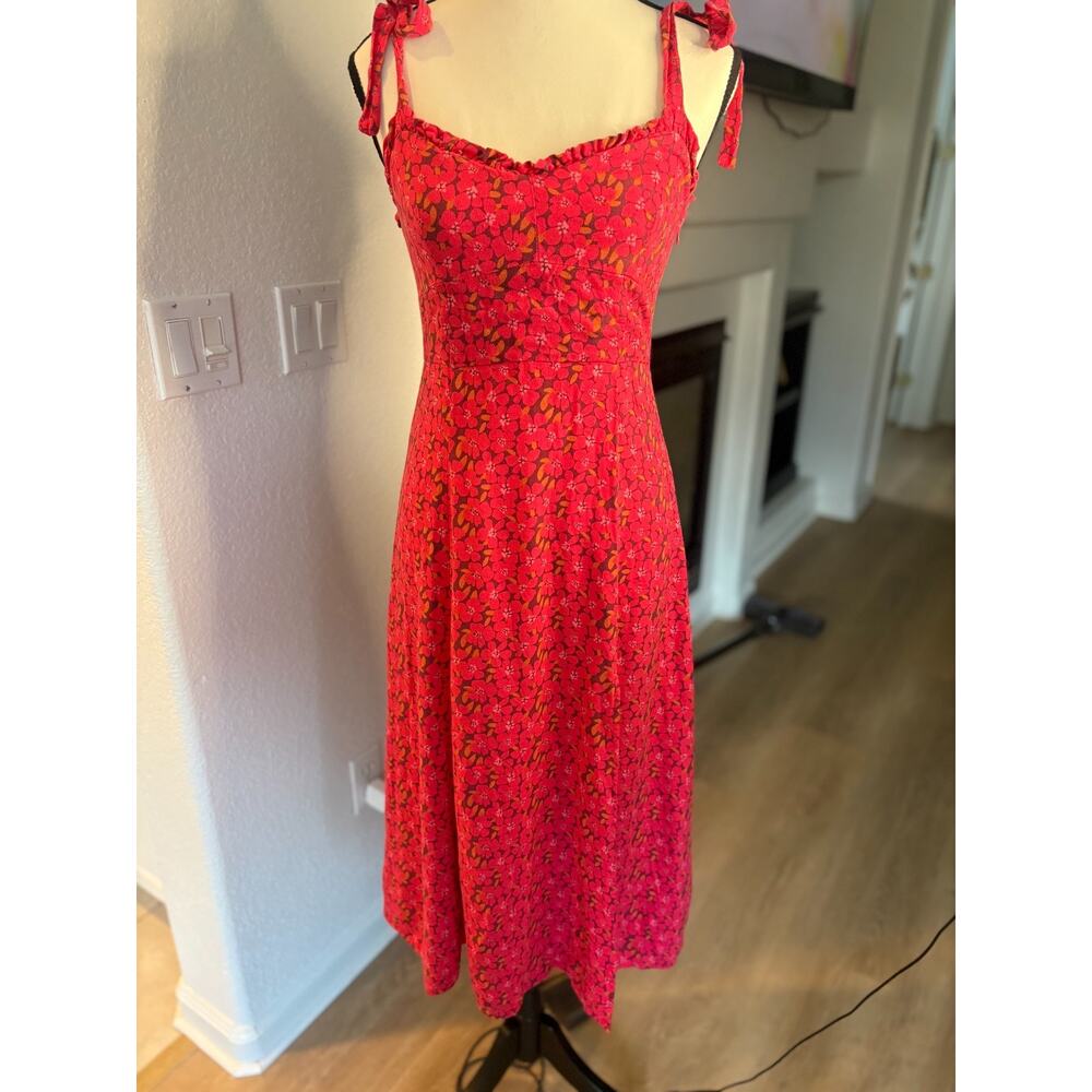 VICI Pink Floral Script Midi Dress Tie Shoulder Straps Sweetheart Neckline S 2-6 - Picture 4 of 7